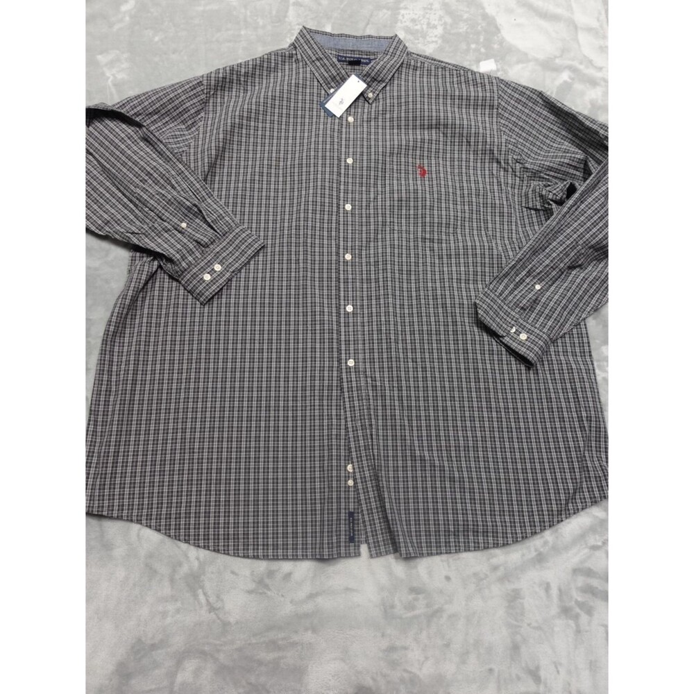 US POLO ASSN Mens 4XLT Big Tall Gray Blue‎ Plaid Button Red Pony Relaxed Shirt